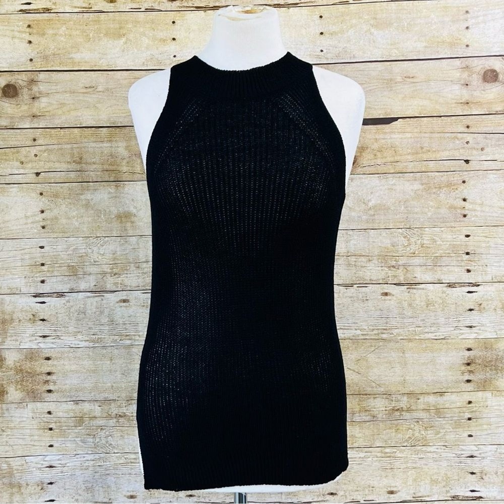 Black‎ High Neck Halter Knit Sleeveless Top with Side Slits Ribbed Tank - Picture 2 of 6